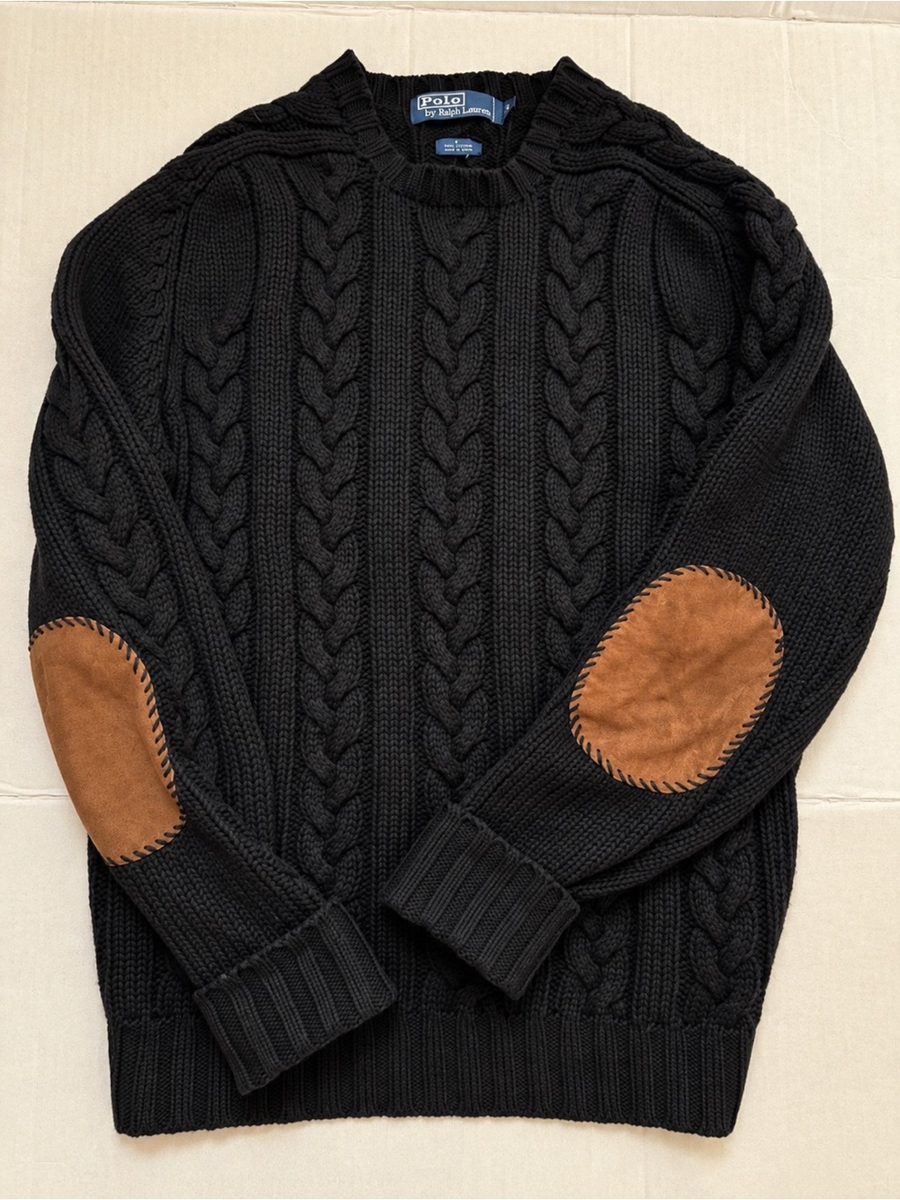 Ralph Lauren Black Cable-Knit Crewneck Sweater with Brown Suede Patches